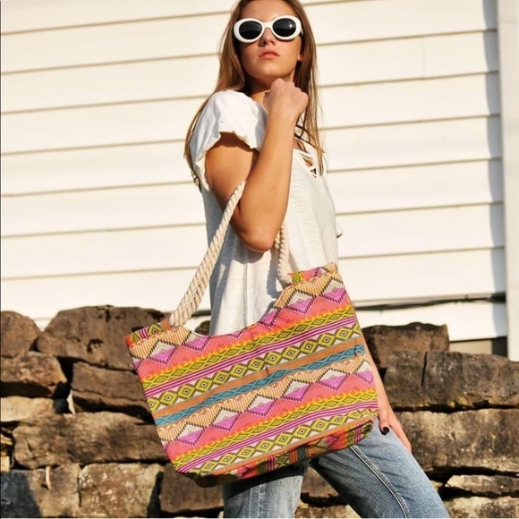 ❌SOLD in Bundle❌Aztec Southwestern Canvas Rope Handle Tote Beach Bag Summer NEW - Picture 5 of 7